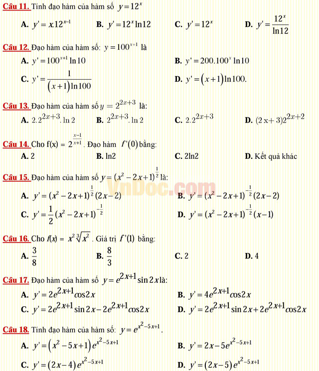 Câu hỏi trắc nghiệm môn Toán lớp 12: Hàm số lũy thừa - Hàm số mũ Câu hỏi trắc nghiệm môn Toán lớp 12: Hàm số lũy thừa - Hàm số mũ