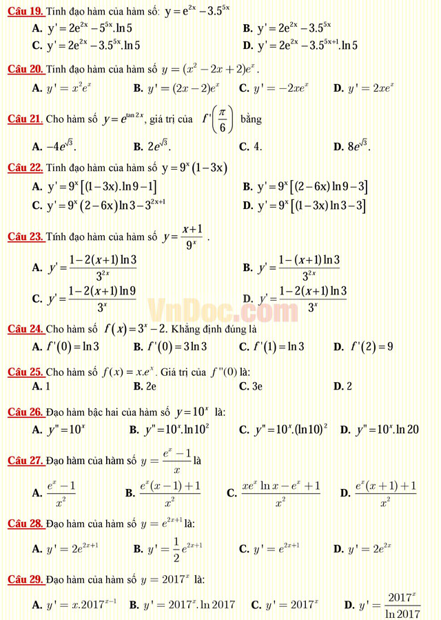Câu hỏi trắc nghiệm môn Toán lớp 12: Hàm số lũy thừa - Hàm số mũ Câu hỏi trắc nghiệm môn Toán lớp 12: Hàm số lũy thừa - Hàm số mũ