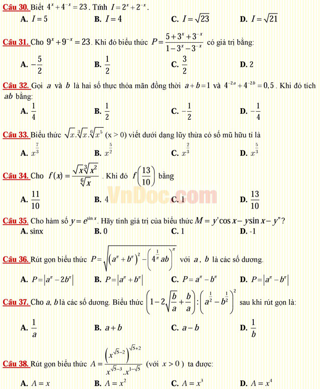 Câu hỏi trắc nghiệm môn Toán lớp 12: Hàm số lũy thừa - Hàm số mũ Câu hỏi trắc nghiệm môn Toán lớp 12: Hàm số lũy thừa - Hàm số mũ