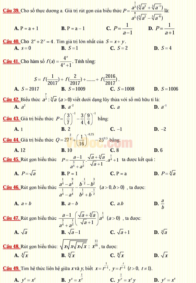 Câu hỏi trắc nghiệm môn Toán lớp 12: Hàm số lũy thừa - Hàm số mũ Câu hỏi trắc nghiệm môn Toán lớp 12: Hàm số lũy thừa - Hàm số mũ