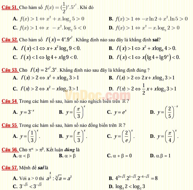 Câu hỏi trắc nghiệm môn Toán lớp 12: Hàm số lũy thừa - Hàm số mũ Câu hỏi trắc nghiệm môn Toán lớp 12: Hàm số lũy thừa - Hàm số mũ