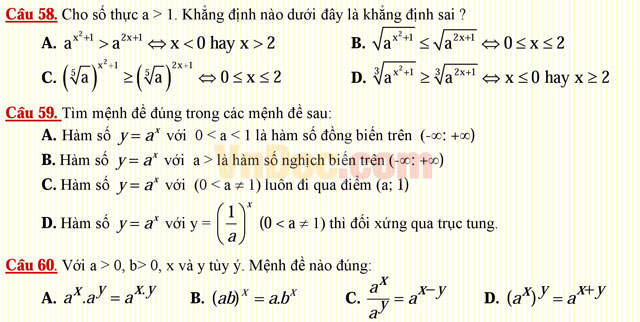 Câu hỏi trắc nghiệm môn Toán lớp 12: Hàm số lũy thừa - Hàm số mũ Câu hỏi trắc nghiệm môn Toán lớp 12: Hàm số lũy thừa - Hàm số mũ