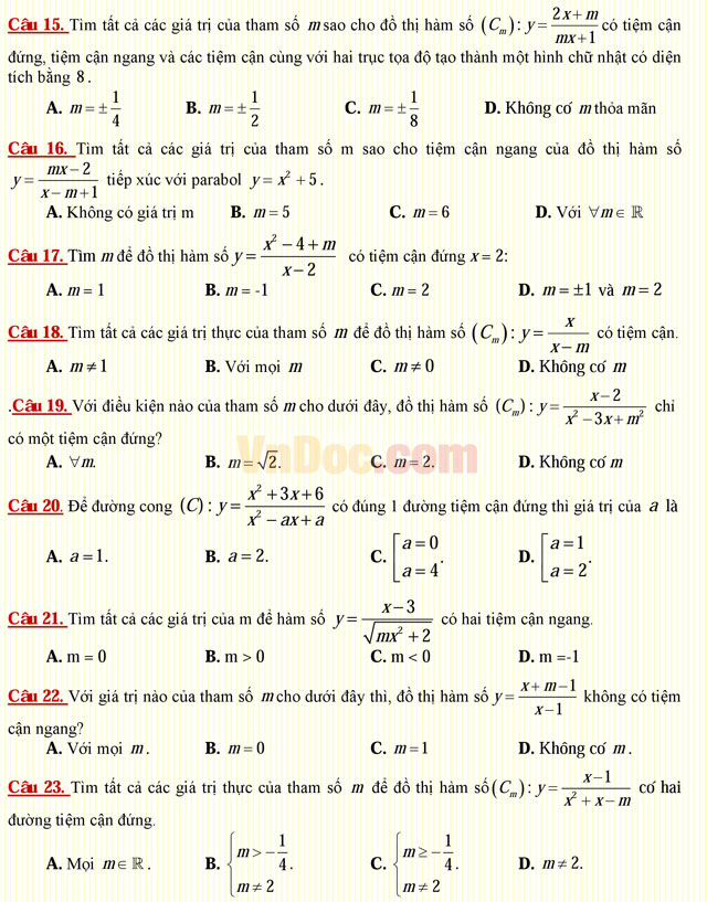 Câu hỏi trắc nghiệm môn Toán lớp 12: Đường tiện cận