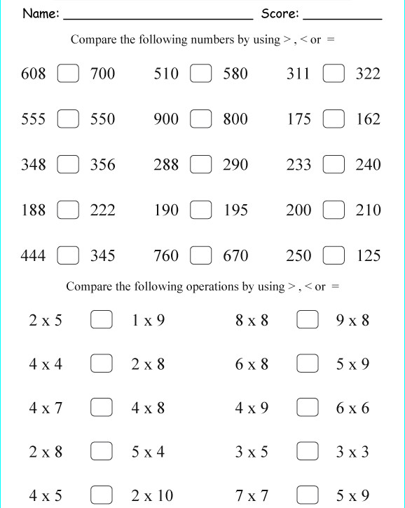 Bài tập Toán Tiếng Anh lớp 2: Comparing & Ordering có đáp ána Bài tập Toán Tiếng Anh lớp 2: Comparing & Ordering