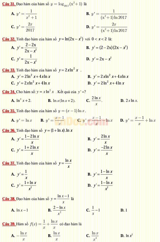 Câu hỏi trắc nghiệm môn Toán lớp 12: Hàm số lôgarit