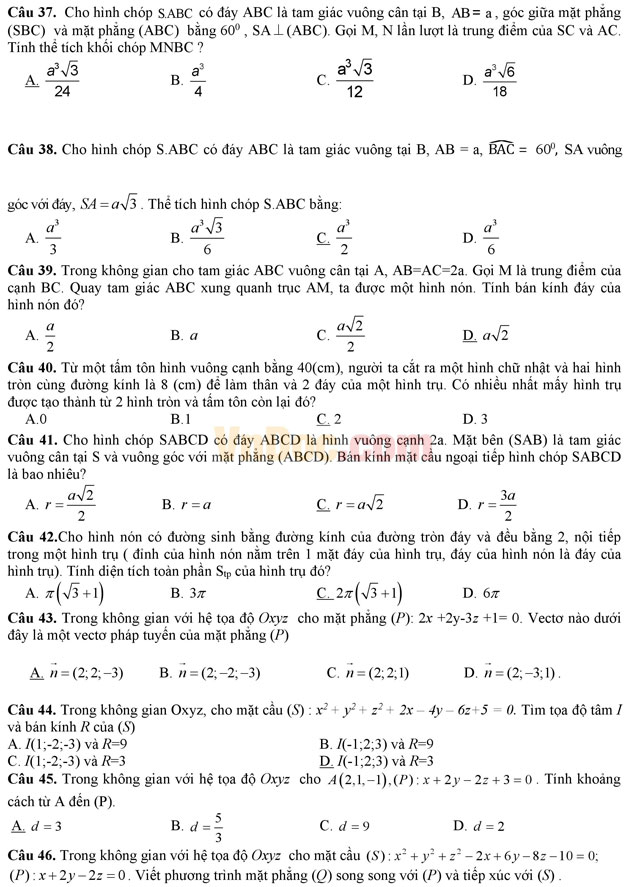 Đề thi thử THPT Quốc gia năm 2017 môn Toán có đáp án