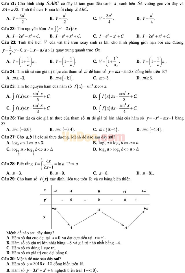 Đề thi thử THPT Quốc gia năm 2017 môn Toán có đáp án