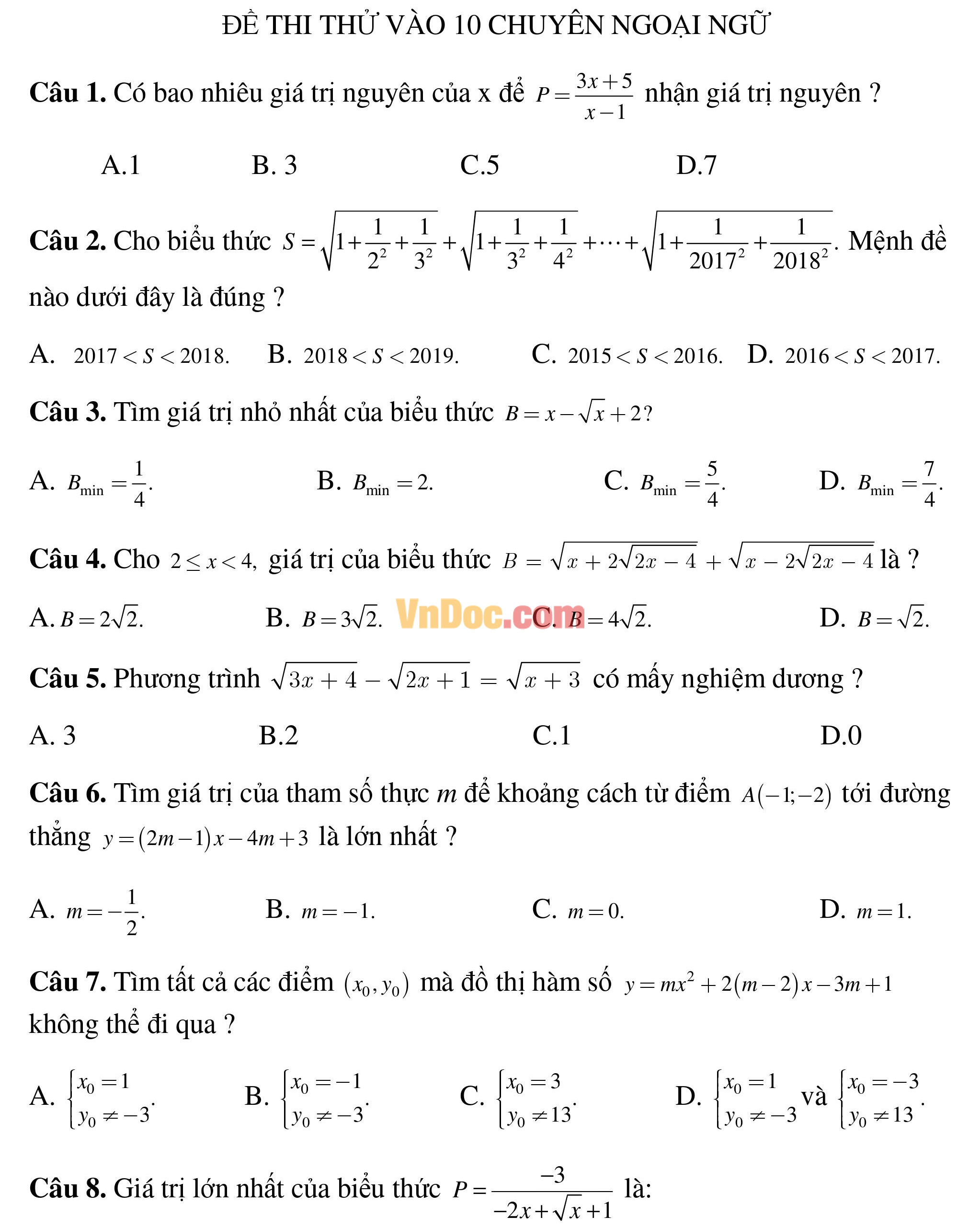 Đề thi thử vào lớp 10