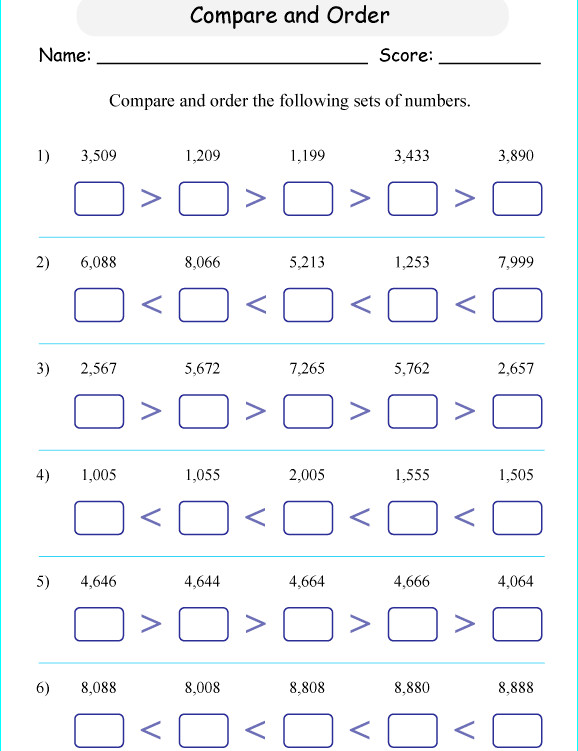 Bài tập Toán Tiếng Anh lớp 3: Compare and Order numbers up to 10,000