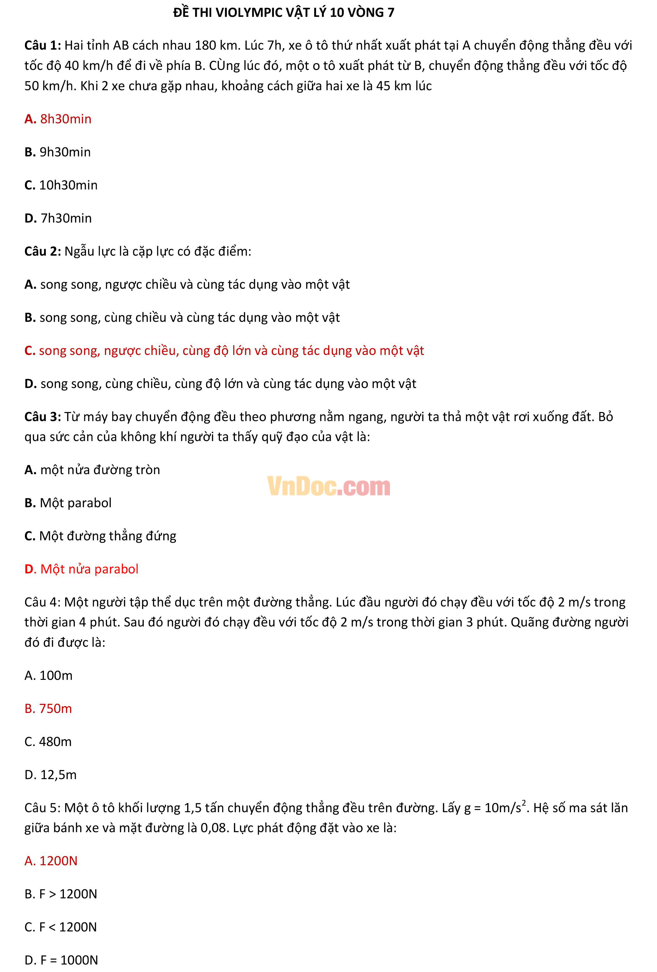 Đề thi Violympic Vật Lý lớp 10 vòng 7