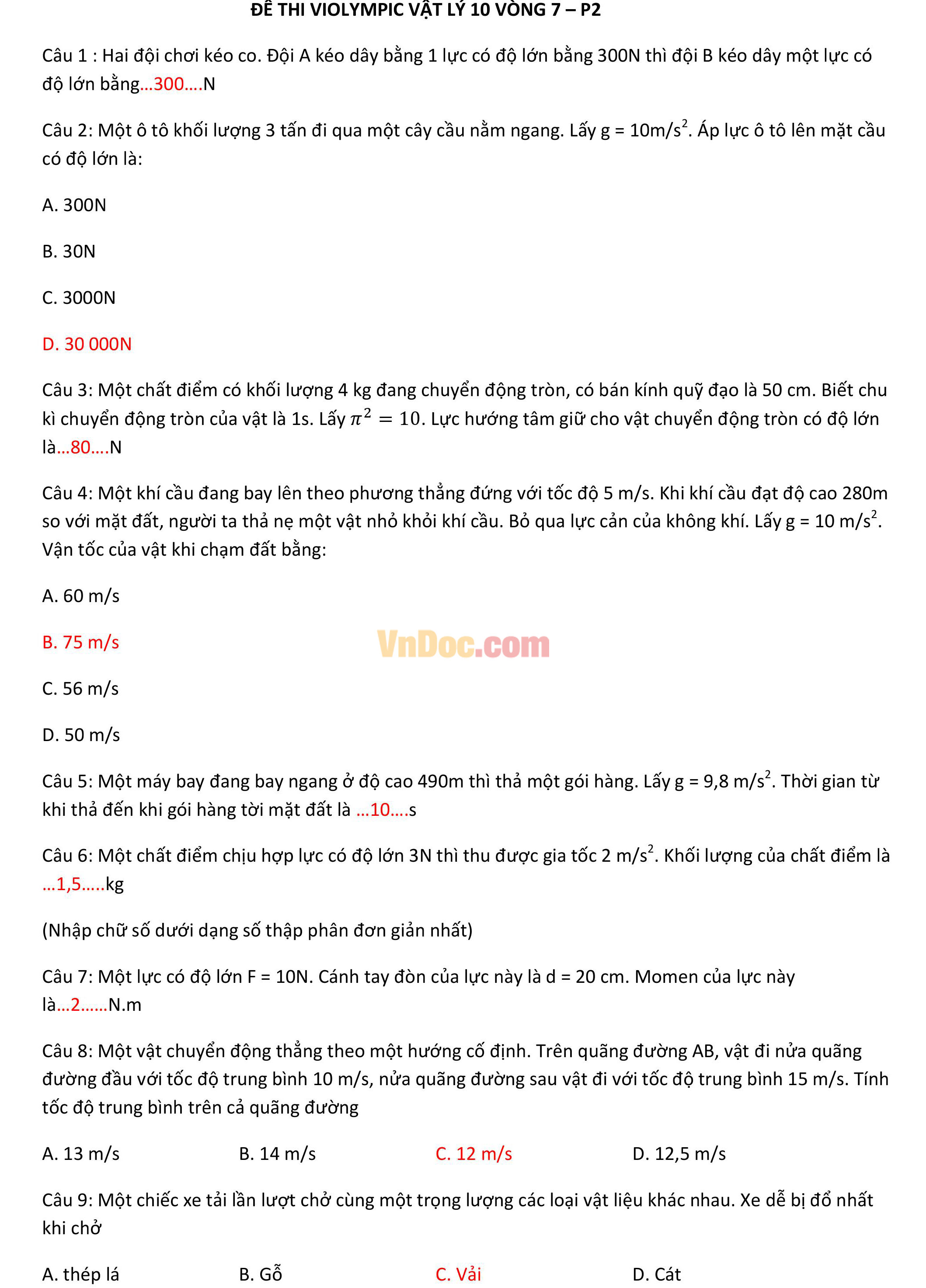 Đề thi Violympic Vật Lý lớp 10 vòng 7