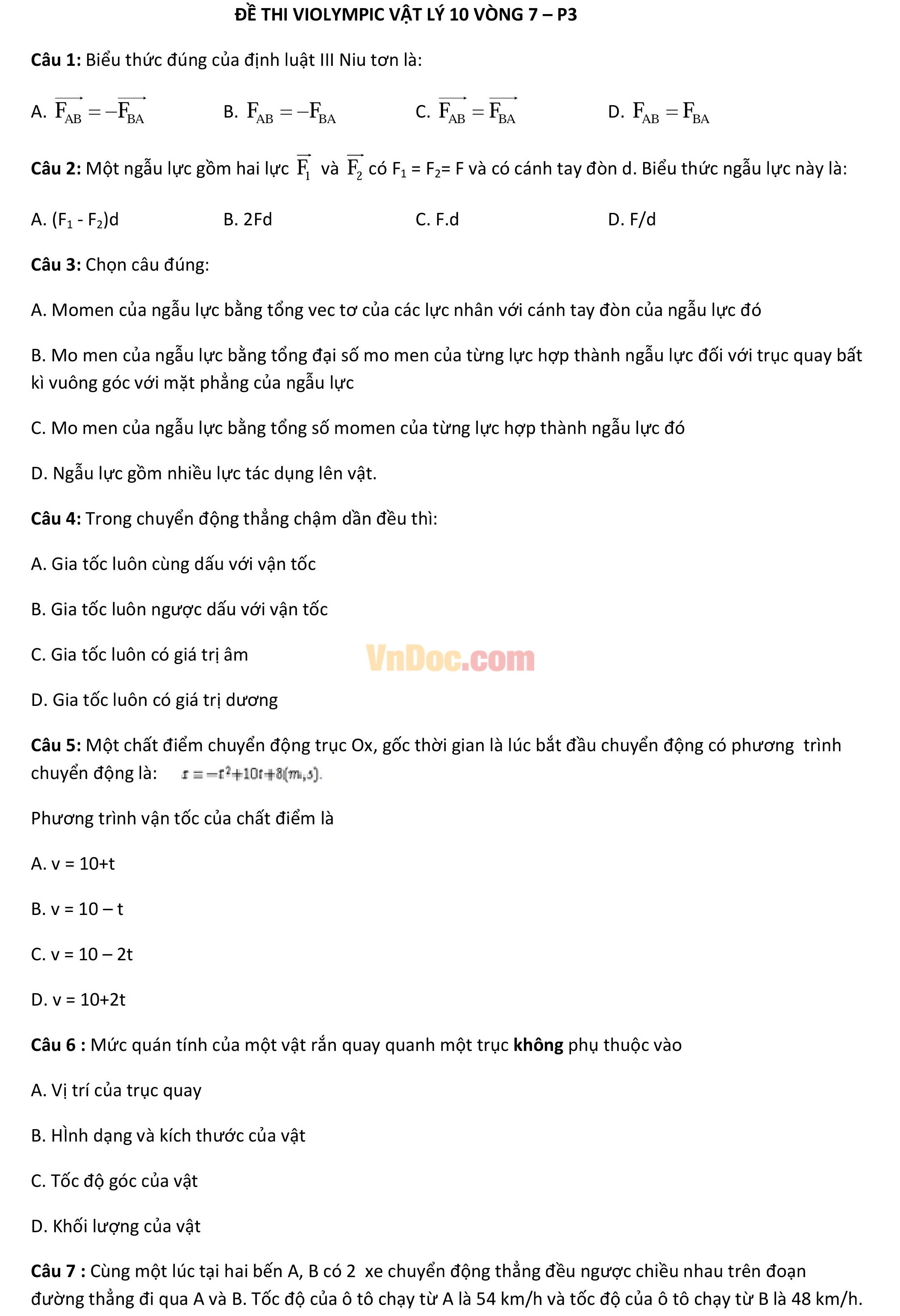 Đề thi Violympic Vật Lý lớp 10 vòng 7