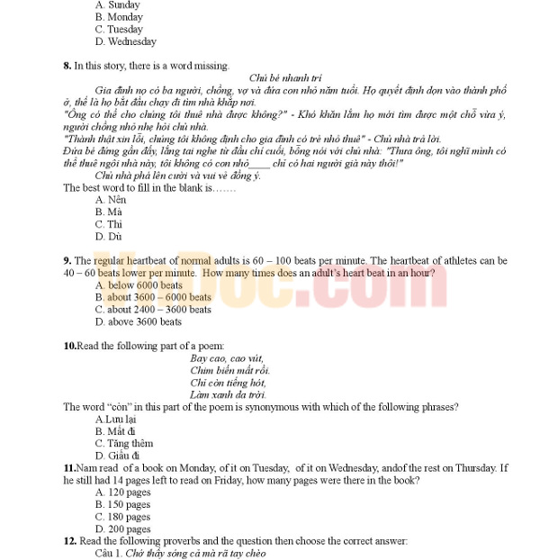 Đề kiểm tra khảo sát lớp 6 môn Tiếng Anh Đề thi tuyển sinh vào lớp 6 môn Tiếng Anh