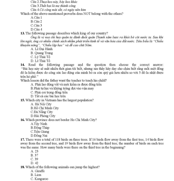 Đề thi chọn vào lớp 6 tiếng Anh chuẩn Đề kiểm tra khảo sát lớp 6 môn Tiếng Anh
