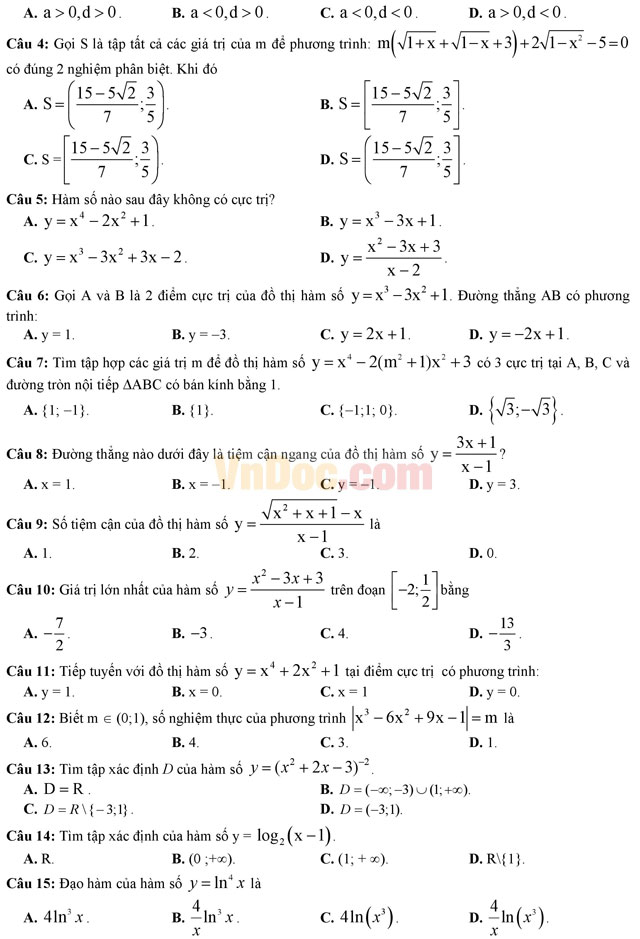 Đề thi trắc nghiệm môn Toán lớp 12 THPT Quốc gia năm 2017