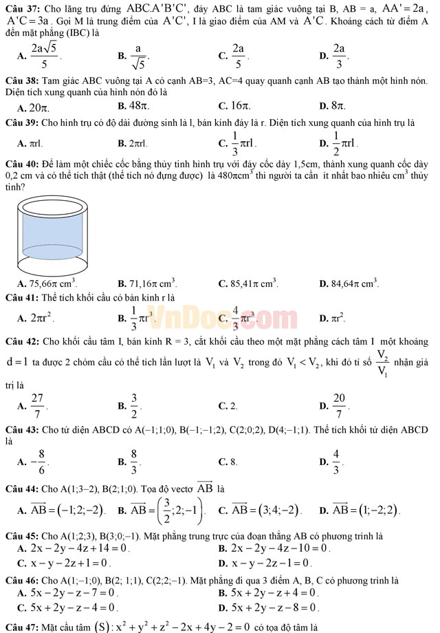 Đề thi trắc nghiệm môn Toán lớp 12 THPT Quốc gia năm 2017
