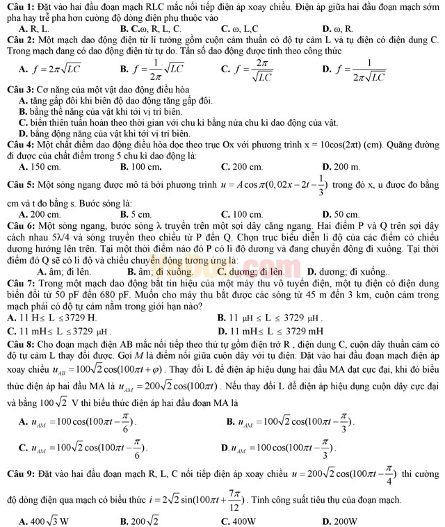 Đề thi thử THPT Quốc gia năm 2017 môn Vật lý có đáp án