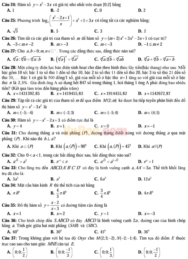 Đề thi trắc nghiệm môn Toán lớp 12 có đáp án
