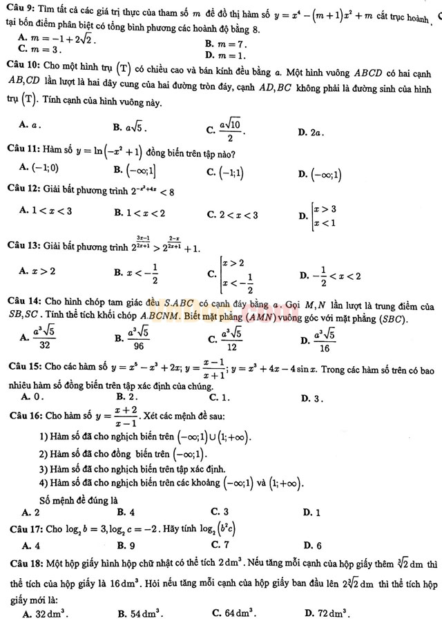 Bộ đề thi trắc nghiệm môn Toán lớp 12 có đáp án