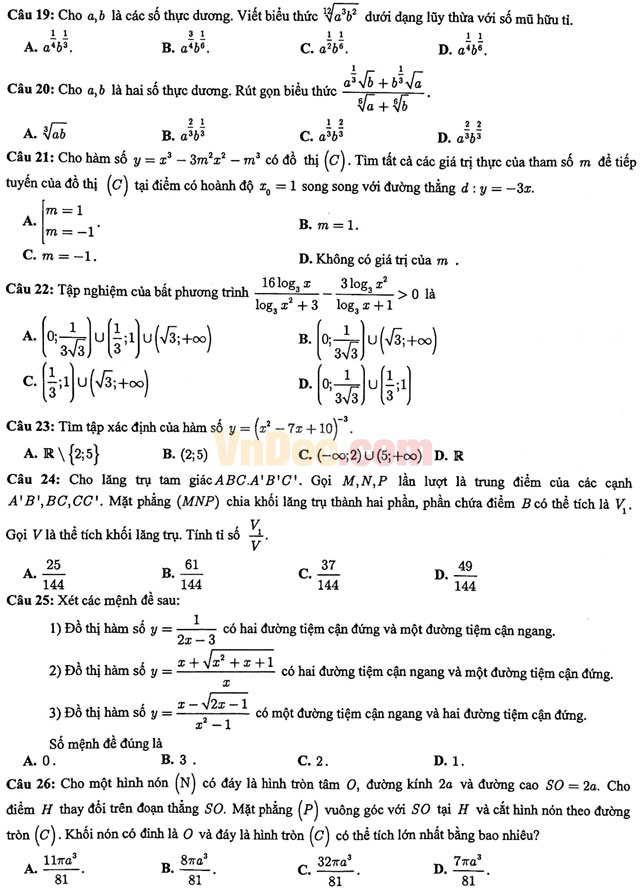 Bộ đề thi trắc nghiệm môn Toán lớp 12 có đáp án
