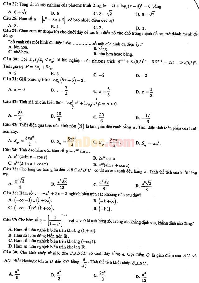 Bộ đề thi trắc nghiệm môn Toán lớp 12 có đáp án
