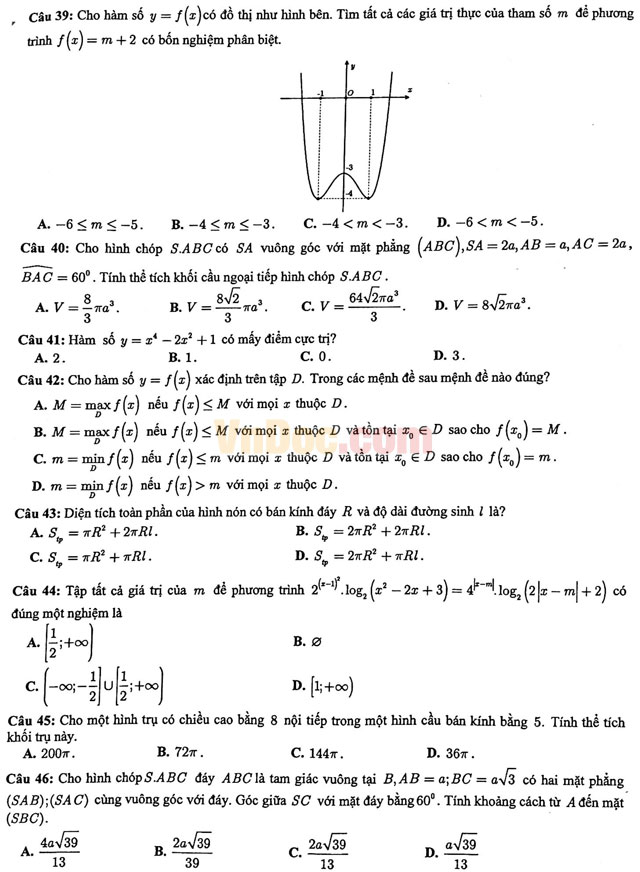 Bộ đề thi trắc nghiệm môn Toán lớp 12 có đáp án