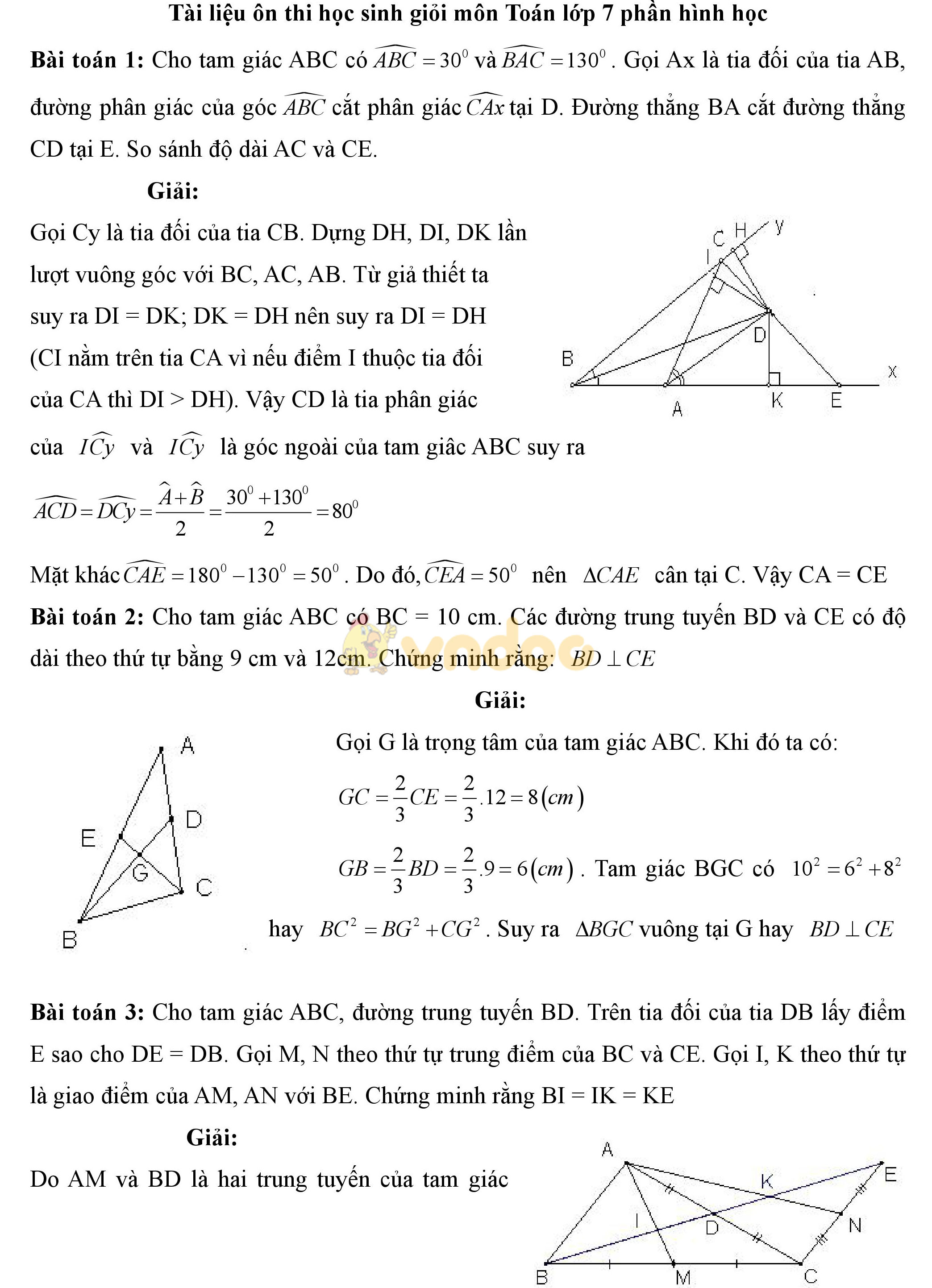 Tài liệu ôn thi học sinh giỏi môn Toán lớp 7 phần hình học