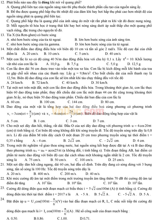 Đề thi thử THPT Quốc gia năm 2017 môn Vật lý có đáp án