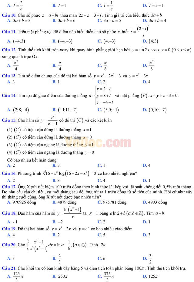 Đề thi trắc nghiệm môn Toán lớp 12 THPT Quốc gia năm 2017 trường THPT Đa Phúc, Hà Nội (Lần 1) Đề thi trắc nghiệm môn Toán lớp 12 có đáp án