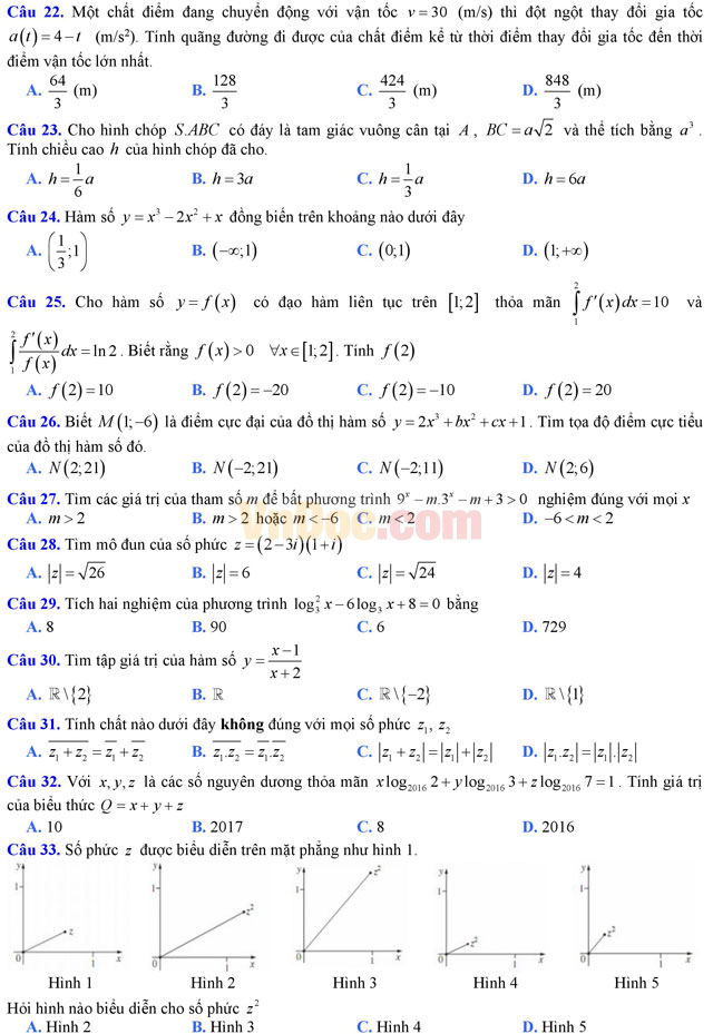 Đề thi trắc nghiệm môn Toán lớp 12 THPT Quốc gia năm 2017 trường THPT Đa Phúc, Hà Nội (Lần 1) Đề thi trắc nghiệm môn Toán lớp 12 có đáp án