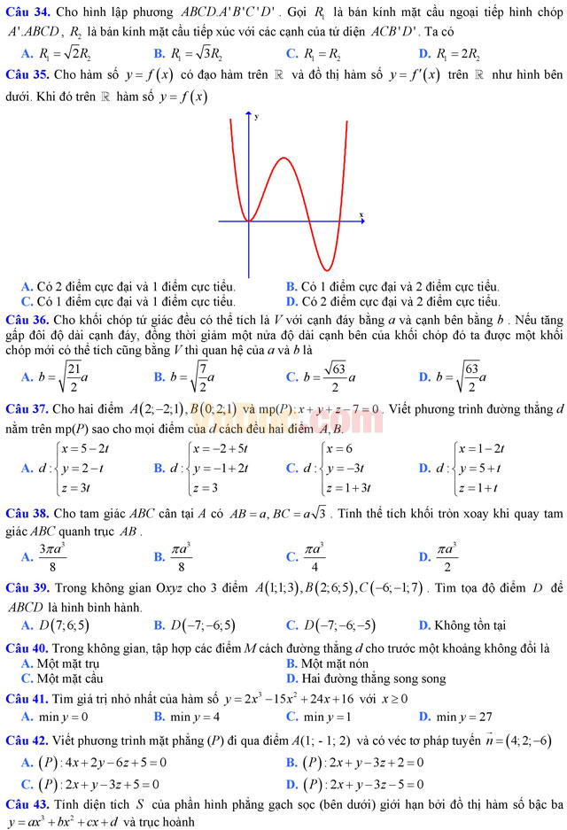 Đề thi trắc nghiệm môn Toán lớp 12 THPT Quốc gia năm 2017 trường THPT Đa Phúc, Hà Nội (Lần 1) Đề thi trắc nghiệm môn Toán lớp 12 có đáp án