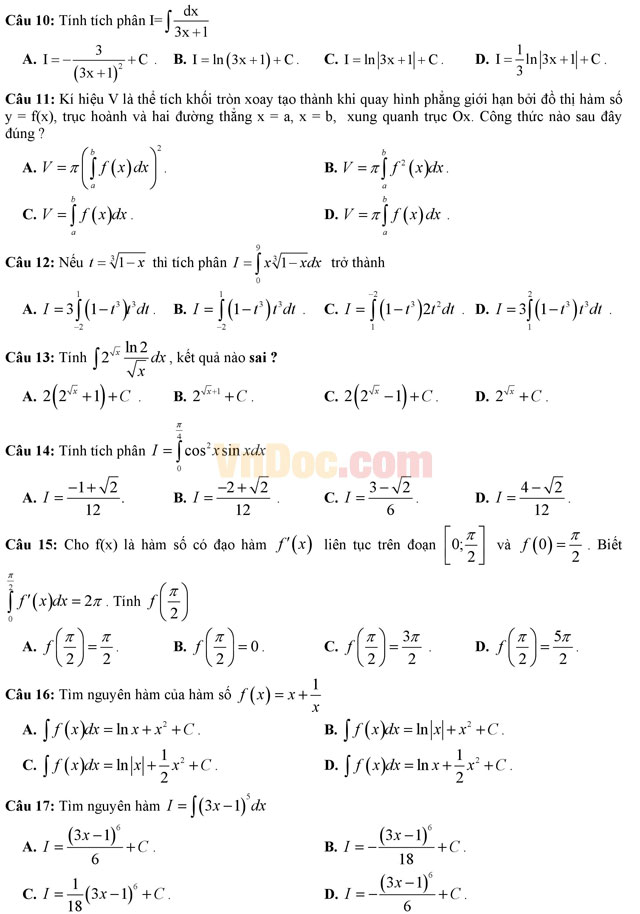Đề kiểm tra 45 phút học kì 2 môn Toán lớp 12 có đáp án