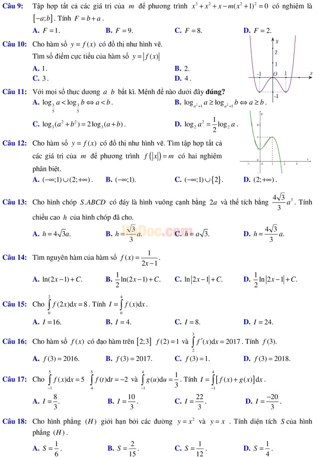 Đề thi giữa học kì 2 môn Toán lớp 12