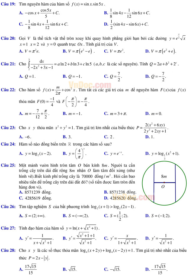 Đề thi giữa học kì 2 môn Toán lớp 12