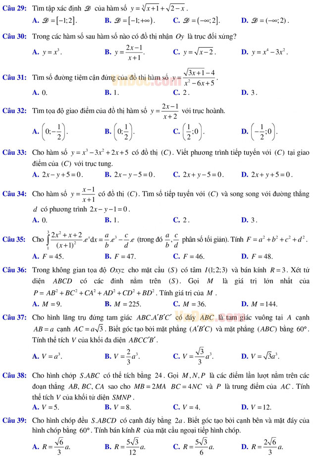 Đề thi giữa học kì 2 môn Toán lớp 12