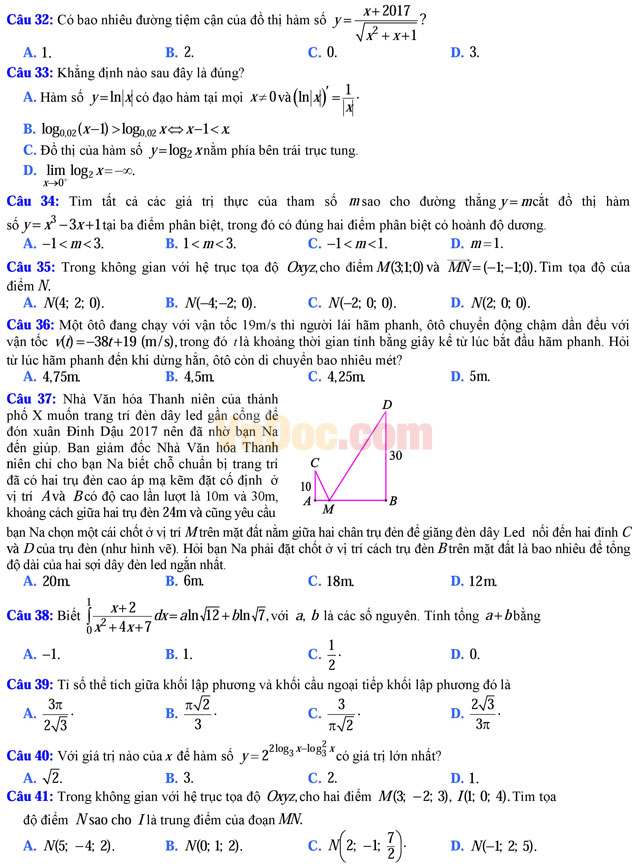 Đề thi trắc nghiệm môn Toán lớp 12 có đáp án