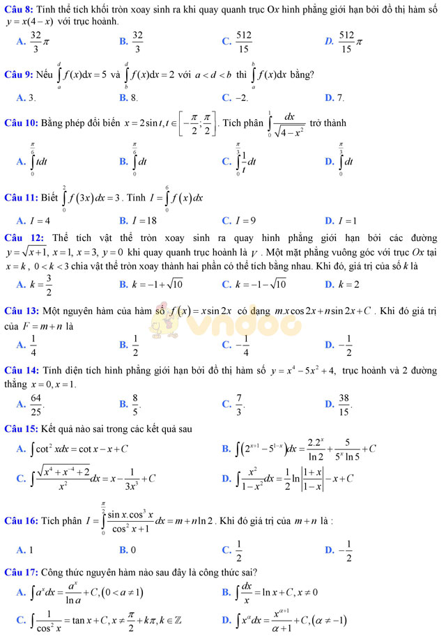 Đề thi giữa học kì 2 môn Toán lớp 12 có đáp án