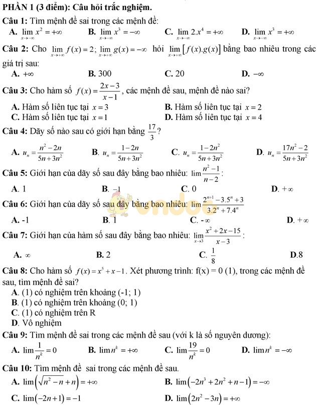 Đề thi giữa học kì 2 môn Toán lớp 11 có đáp án