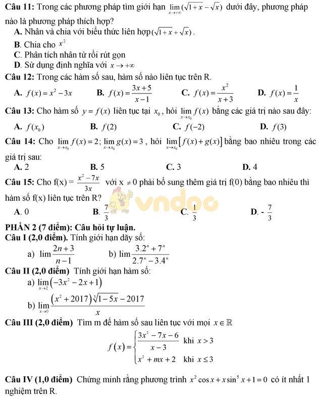 Đề thi giữa học kì 2 môn Toán lớp 11 có đáp án