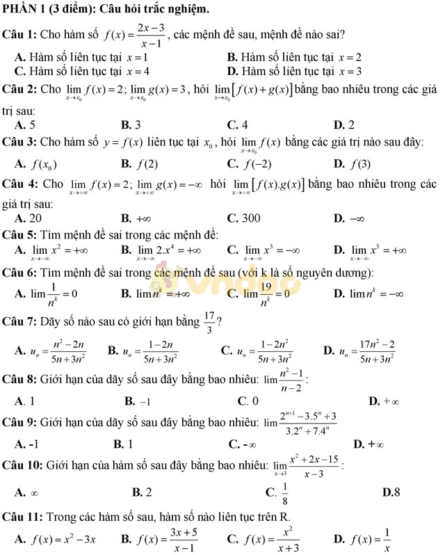 Đề thi giữa học kì 2 môn Toán lớp 11 có đáp án