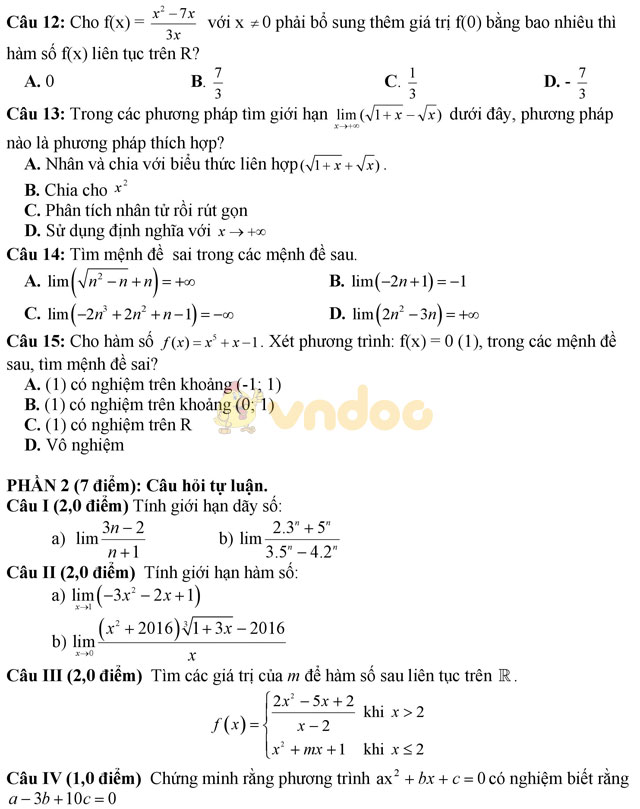 Đề thi giữa học kì 2 môn Toán lớp 11 có đáp án
