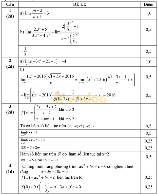 Đề thi giữa học kì 2 môn Toán lớp 11 có đáp án