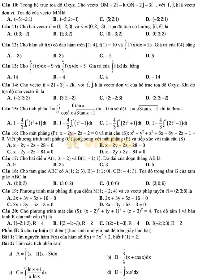 Đề thi giữa học kì 2 môn Toán lớp 10 CÓ ĐÁP ÁN