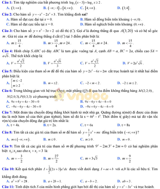 Đề thi trắc nghiệm môn Toán lớp 12 THPT Quốc gia năm 2017 trường THPT Ngô Gia Tự, Vĩnh Phúc (Lần 3) Đề thi trắc nghiệm môn Toán lớp 12 có đáp án