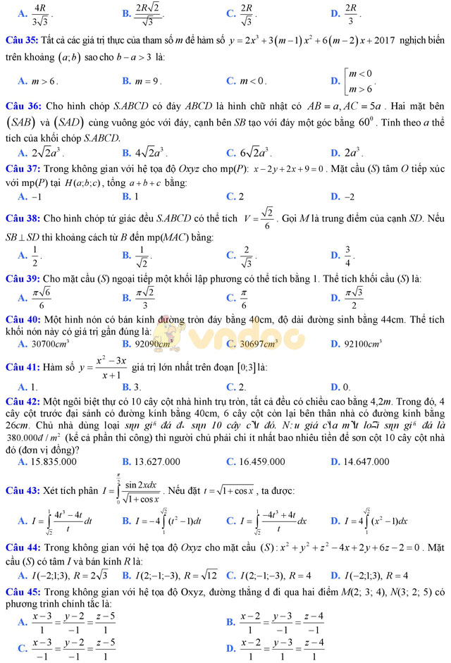 Đề thi trắc nghiệm môn Toán lớp 12 THPT Quốc gia năm 2017 trường THPT Ngô Gia Tự, Vĩnh Phúc (Lần 3) Đề thi trắc nghiệm môn Toán lớp 12 có đáp án