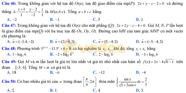 Đề thi trắc nghiệm môn Toán lớp 12 THPT Quốc gia năm 2017 trường THPT Ngô Gia Tự, Vĩnh Phúc (Lần 3) Đề thi trắc nghiệm môn Toán lớp 12 có đáp án