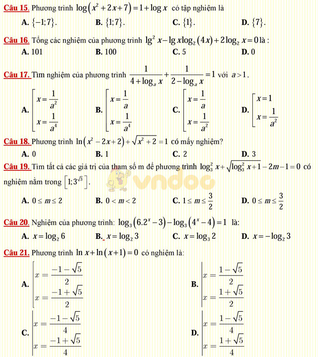 Câu hỏi trắc nghiệm môn Toán lớp 12: Phương trình lôgarit Câu hỏi trắc nghiệm môn Toán lớp 12: Phương trình lôgarit
