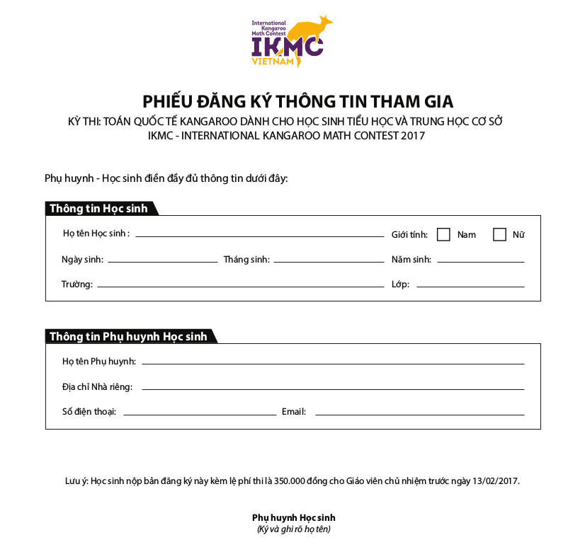Phiếu đăng ký dự thi International Kangaroo Math Competition