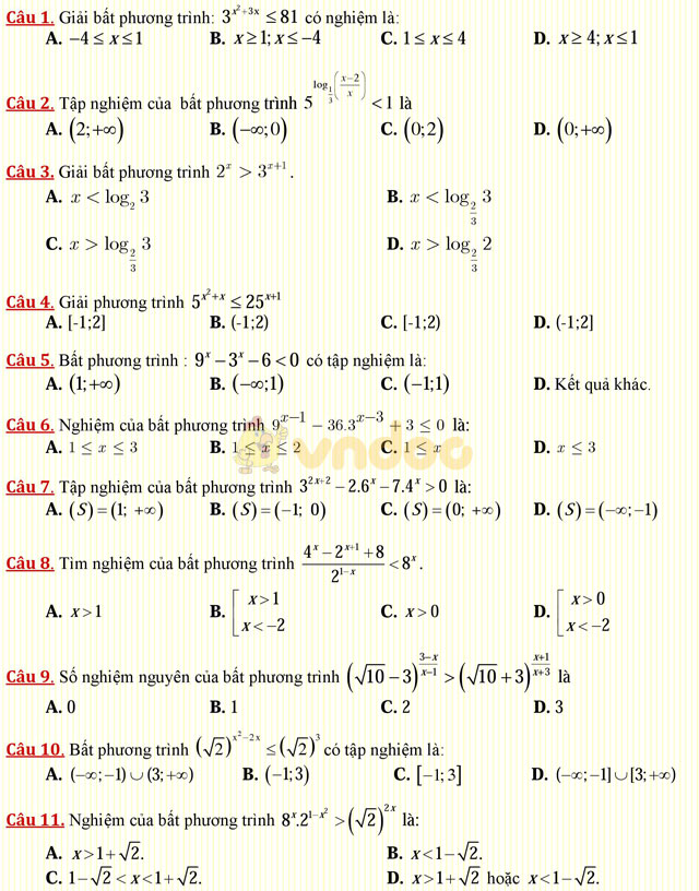 Câu hỏi trắc nghiệm môn Toán lớp 12: Bất phương trình mũ Câu hỏi trắc nghiệm môn Toán lớp 12: Bất phương trình mũ