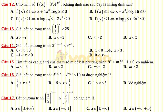Câu hỏi trắc nghiệm môn Toán lớp 12: Bất phương trình mũ Câu hỏi trắc nghiệm môn Toán lớp 12: Bất phương trình mũ